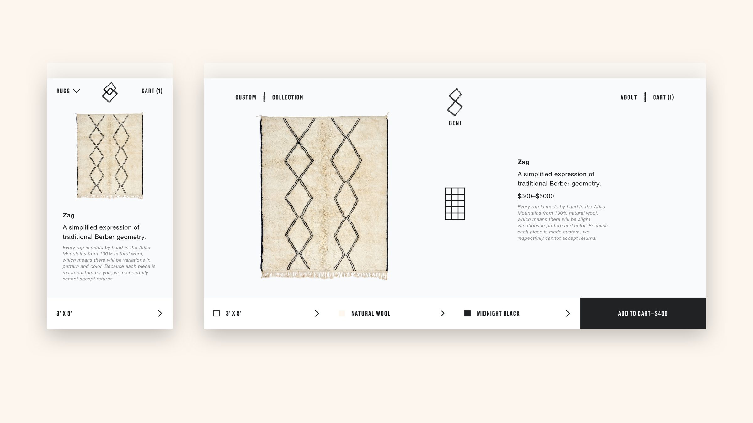 Rug customization — pattern, size, wool, color, add to cart