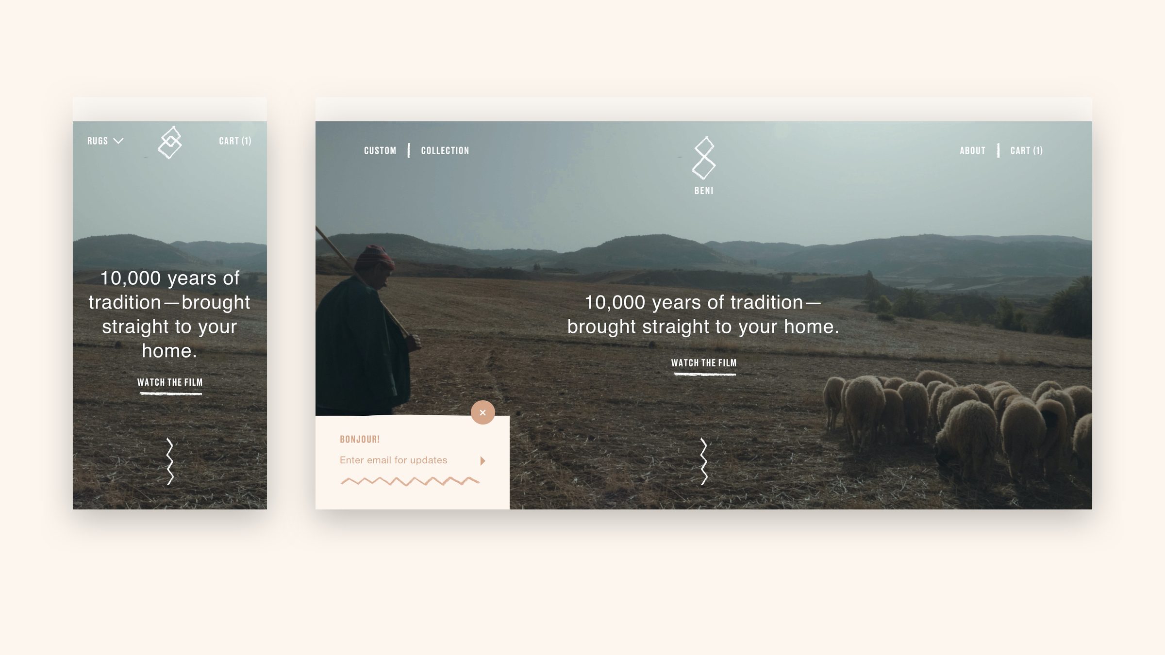 Homepage — film hero, desktop and mobile