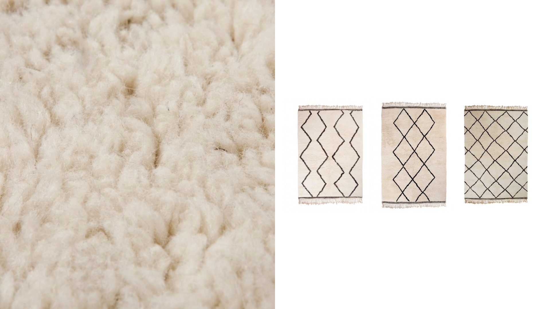 Raw wool and three rug patterns