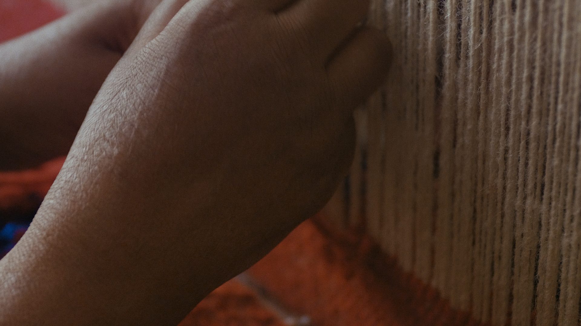Hand on the loom, warp threads