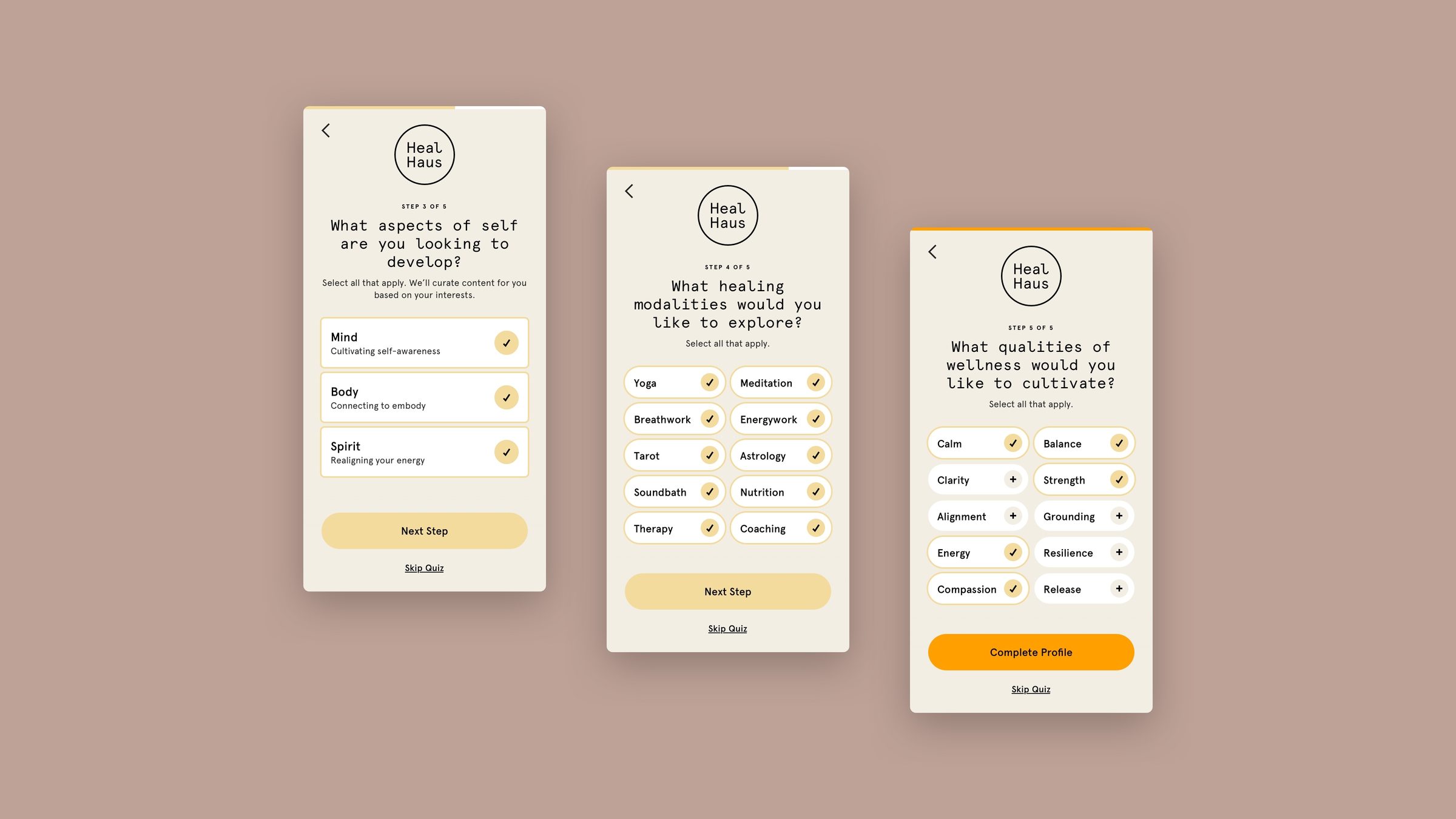 Onboarding — aspects of self, modalities, qualities to cultivate