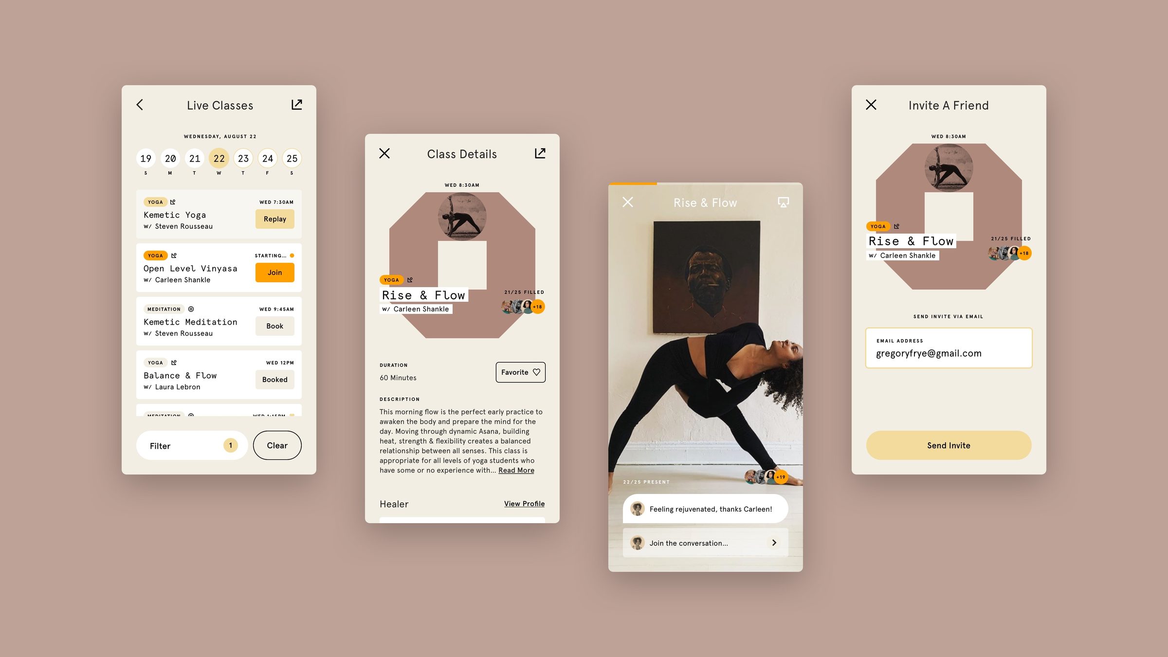 Live classes, class details, invite a friend