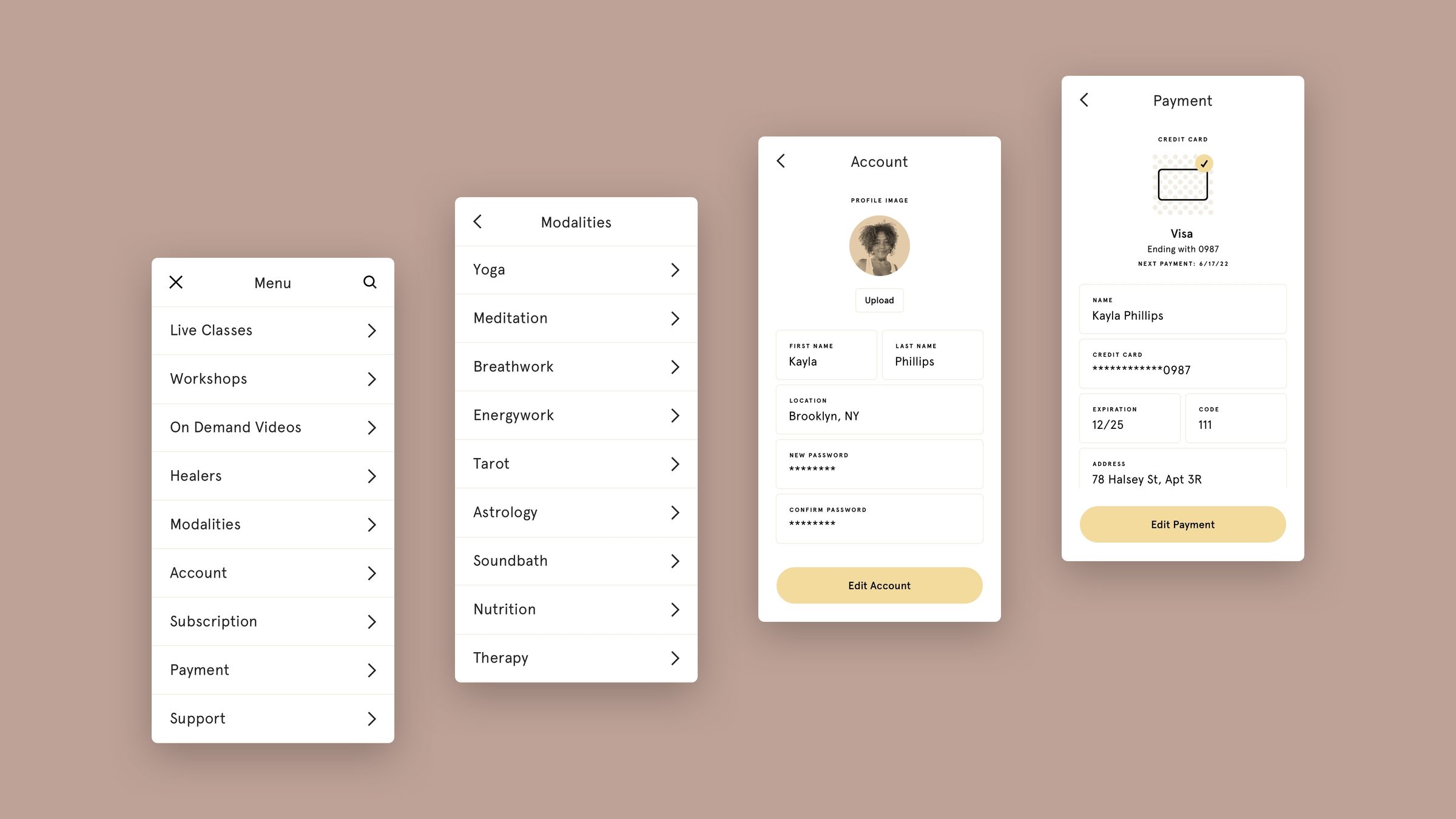 Menu, modalities, account, payment