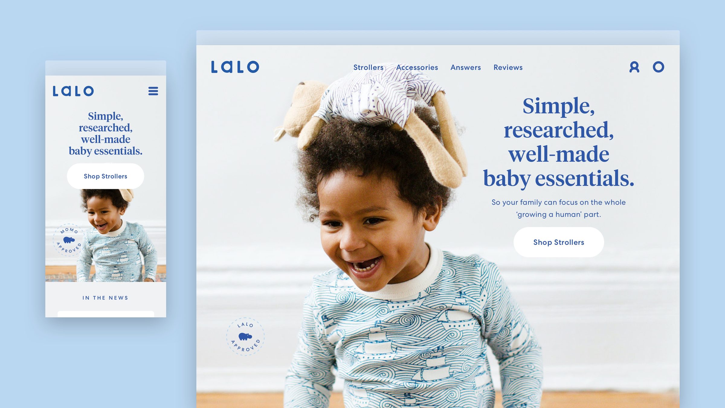 Homepage — "Simple, researched, well-made baby essentials"