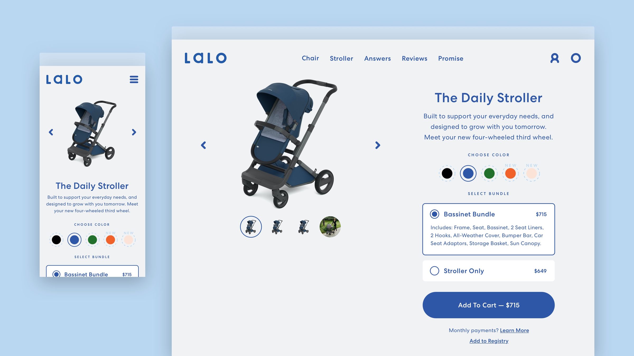 Daily Stroller product page — colorways and bundles