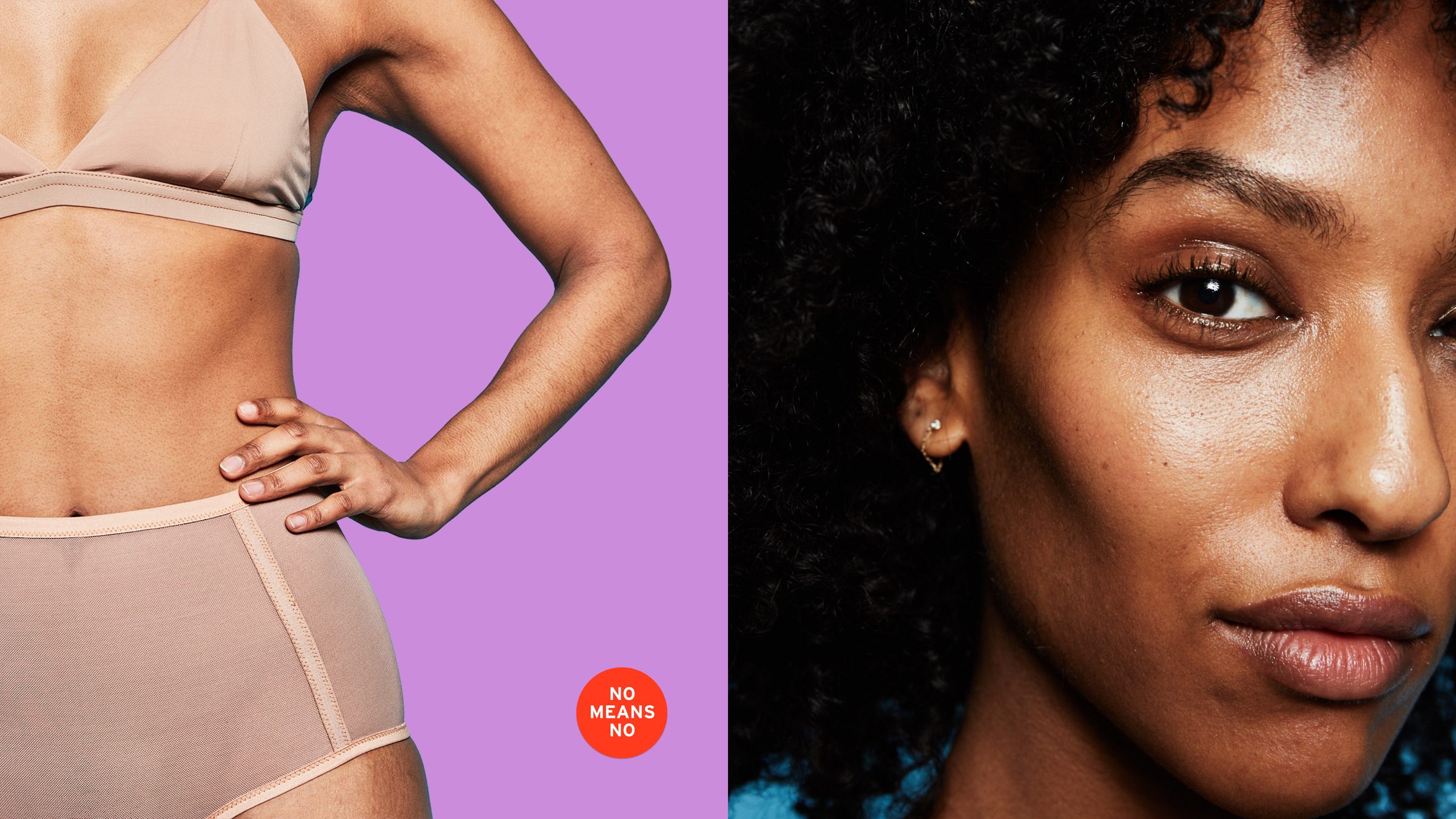 Torso in underwear, No Means No badge; close-up portrait